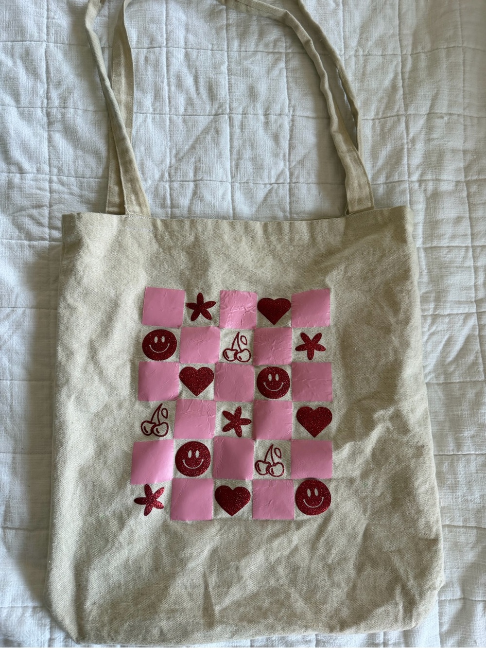 Canvas Tote Bag with Pink Checkerboard and Red Icons